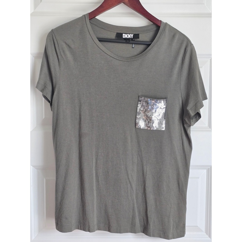 DKNY Womens Olive Green Sequin Pocket Short Sleeve T-Shirt Size Large
